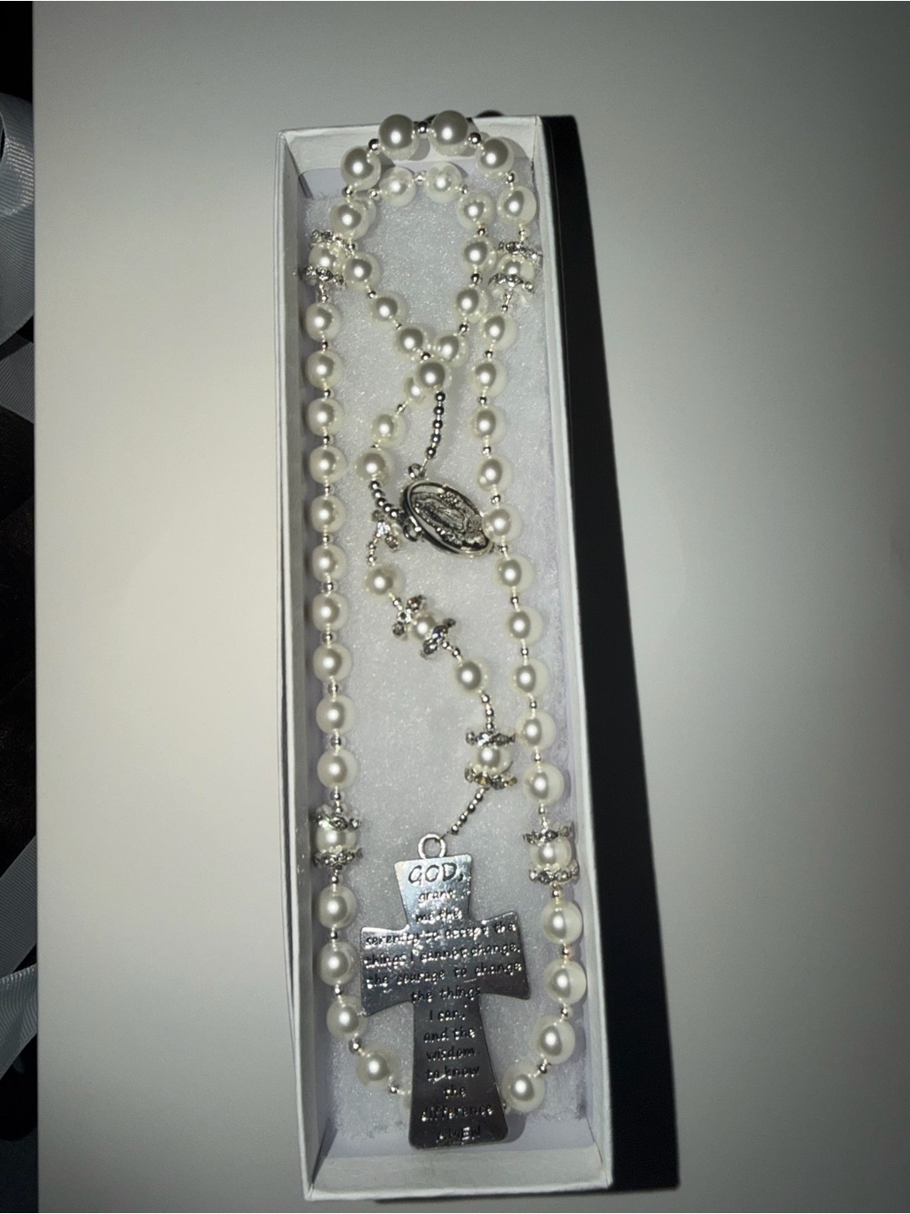 Silver Cross Pearl Rosary Necklace - White Pearls